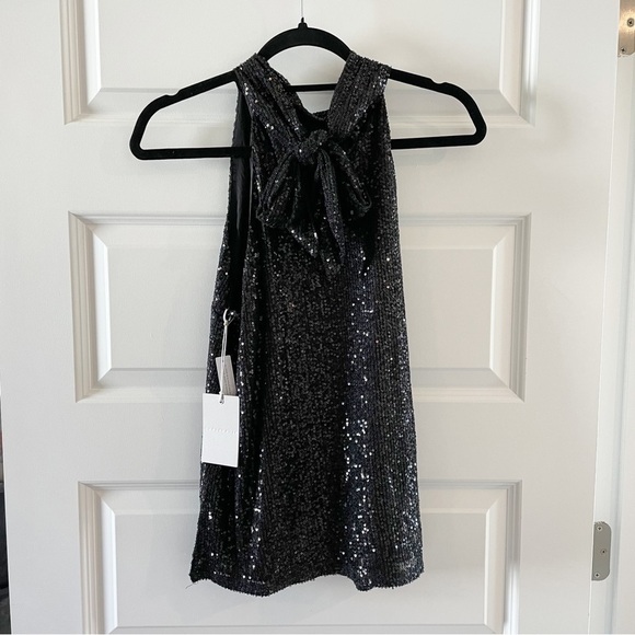 Chelsea28 Nordstrom Black High Neck Sequin Halter Top with Tie Back New With Tag - Picture 4 of 9